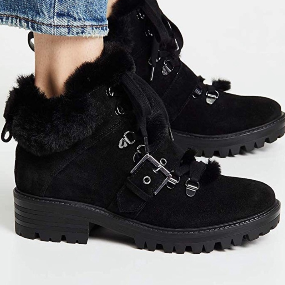 Kendall + Kylie black fur boot, size 8